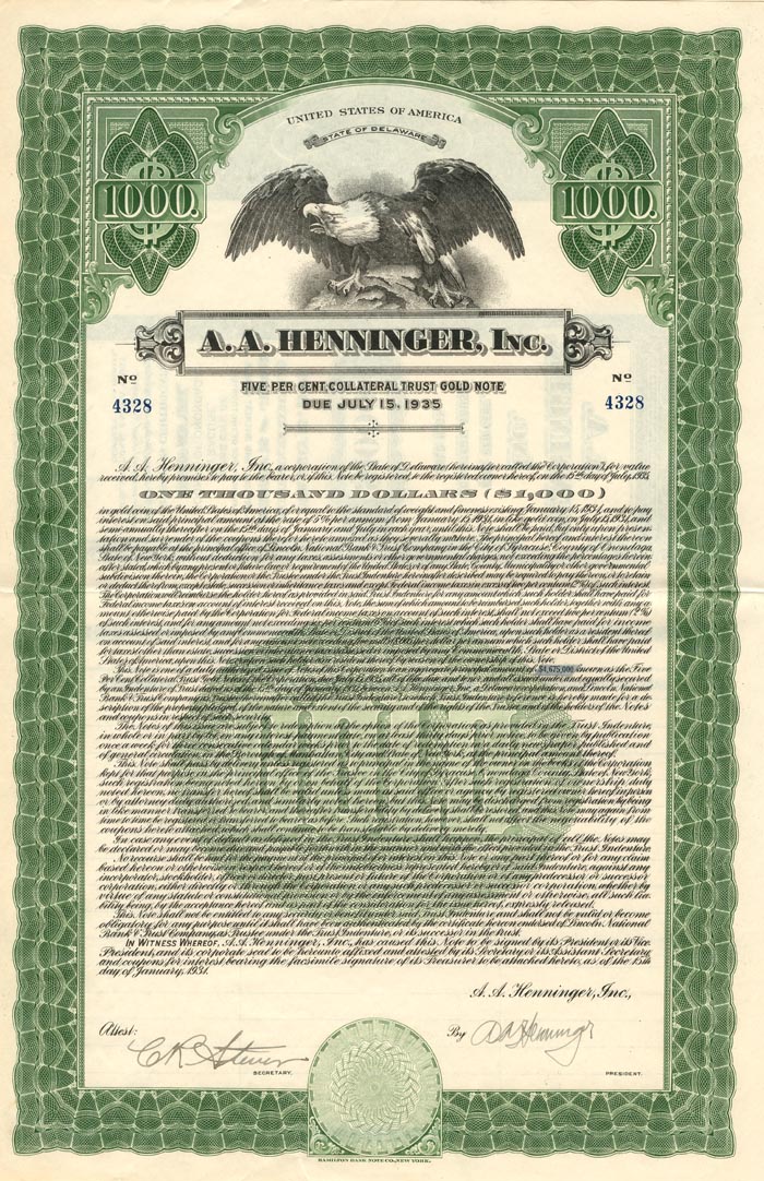 A.A. Henninger, Inc. - $1,000 Bond (Uncanceled)